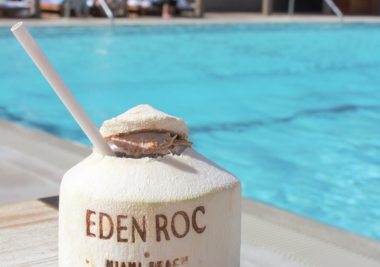 A branded coconut at Eden Roc